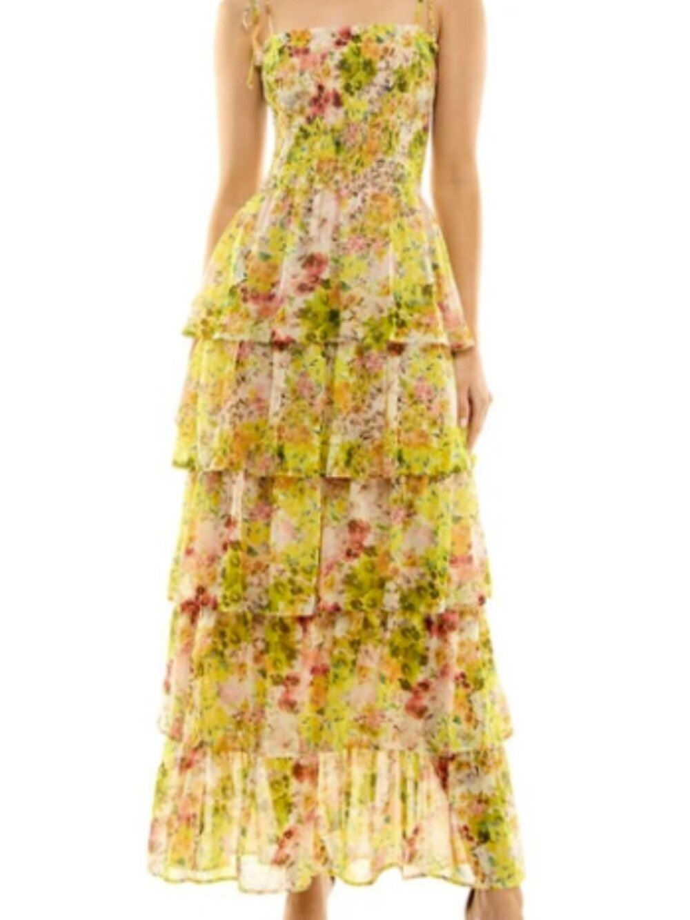 Socialite Yellow Cluster Floral Smocked Tiered Maxi Dress Size XL Like New